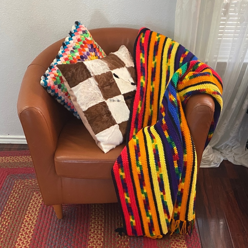 Handmade Vintage Hand-Crocheted Large Rainbow Stripe Throw Blanket 63” x 44”